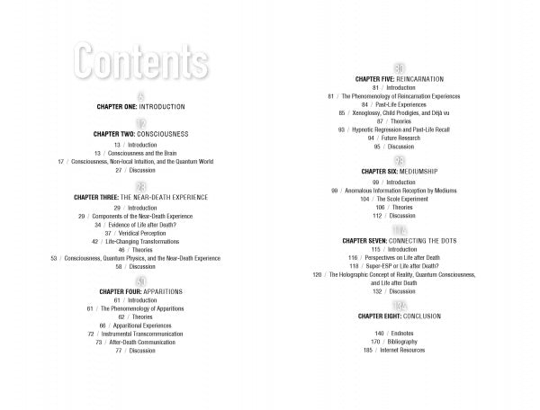 The table of contents in "Life after Death" by Schiffer Publishing, Ltd. lists chapters on introduction, consciousness, near-death experiences, apparitions, reincarnation, mediumship, connections with the afterlife, and conclusion, each with page numbers.