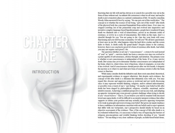 A book spread from "Life after Death" by Schiffer Publishing, Ltd. features Chapter One and Introduction in bold white on a soft gray smoke background (left), with introductory text on the right page.