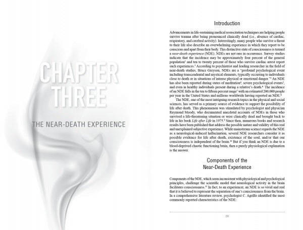 An open book, Life after Death by Schiffer Publishing, Ltd., shows Chapter Three, "The Near-Death Experience," on a smoky background; the right page introduces near-death experiences and their link to life after death.
