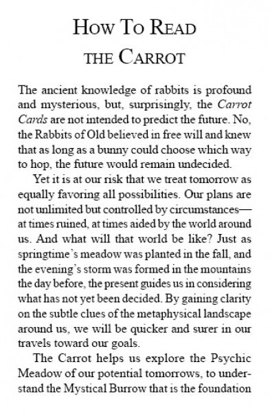 A book page titled How To Read the Carrot explores the ancient wisdom of rabbits and how Schiffer Publishing, Ltd.'s Carrot Cards can be used for bunny tarot fortune telling to navigate life's uncertainties.
