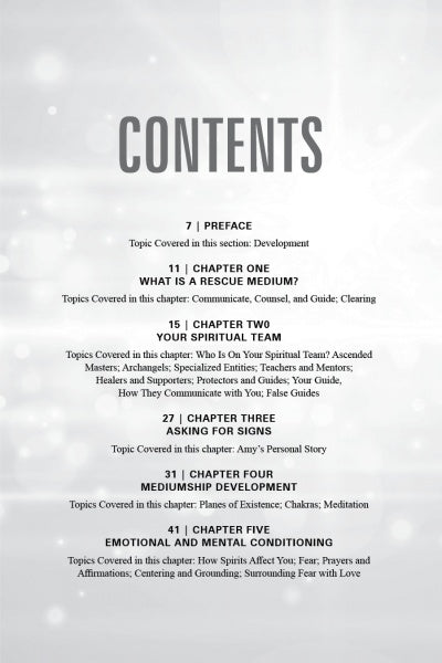 The table of contents for Light the Way by Schiffer Publishing, Ltd. lists: Preface, Chapter One (What is a Rescue Medium?), Chapter Two (Your Spiritual Team), and more. The light gray bokeh background reflects spirit rescue and mediumship themes.