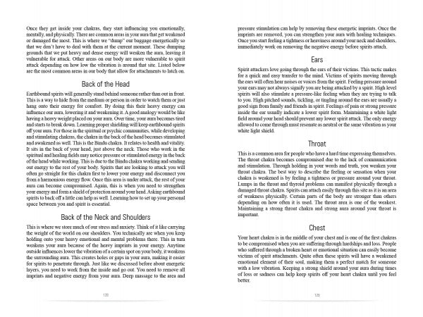 A two-page spread from "Light the Way" by Schiffer Publishing, Ltd. discusses how emotional trauma is stored in the back of the head, neck, shoulders, ears, throat, and chest, and explores spirit rescue and the role of mediumship in energetic healing.