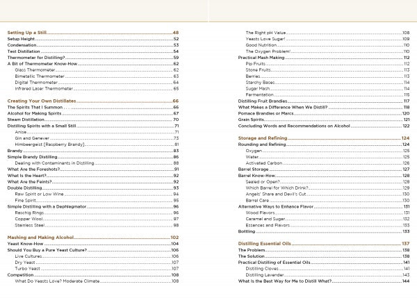 Table of contents from "Tabletop Distilling" by Schiffer Publishing, Ltd., showing chapters and pages on skills, equipment, tabletop methods, yeast, fermentation, spirits, ingredient choices, safety tips, and storage.
