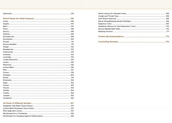 The Tabletop Distilling book by Schiffer Publishing, Ltd. features a cream-colored table of contents listing topics such as plant uses, herbs, distilling methods, and essential oil recipes, each with corresponding page numbers.