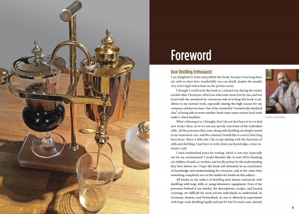 Tabletop Distilling by Schiffer Publishing, Ltd. features a vintage distilling apparatus beside a foreword, plus a photo of a bearded man in glasses and a light shirt—perfect for home distilling enthusiasts.