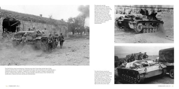 A two-page spread from "Sturmgeschütz" by Schiffer Publishing, Ltd. features three B&W WWII German tank photos—including a StuG Sturmgeschütz—and soldiers in rural, war-torn areas, with captions beside and below each image.