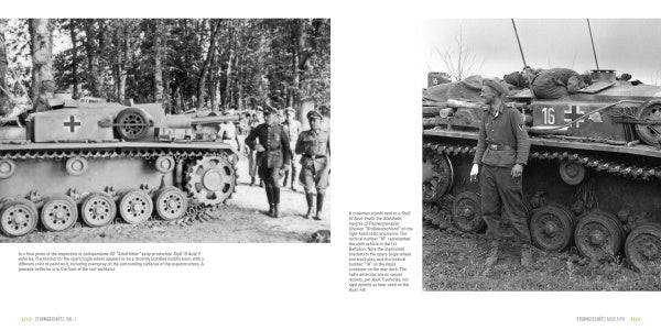 Black and white photos of German soldiers and WWII Sturmgeschütz tanks. Left: Soldiers near a Sturmgeschütz in the woods. Right: One soldier stands by a Sturmgeschütz, another lies atop—resting or wounded. From Schiffer Publishing, Ltd.