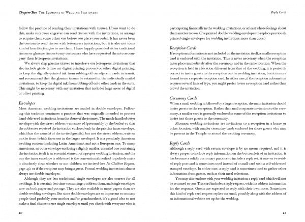 A two-page spread from The Wedding Invitation Handbook by Schiffer Publishing, Ltd. features black serif text on white, with chapter and section headings, discussing artisan wedding stationery like envelopes, reception, ceremony, and reply cards.