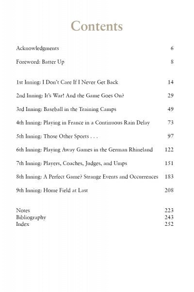 Table of contents page for "Play Ball!" by Schiffer Publishing, Ltd., listing chapters on American baseball history, Playing in France, Doughboys baseball, Players, Coaches, Judges and Umps, plus notes, bibliography, and index.