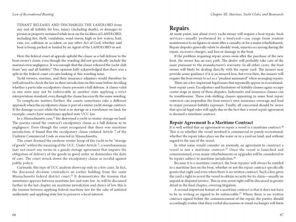 A two-page spread in Schiffer Publishing, Ltd.'s Law of Recreational Boating covers marine insurance, tenant releases, boat crew injuries, maritime law, boat repairs, recreational boating, and related contracts.