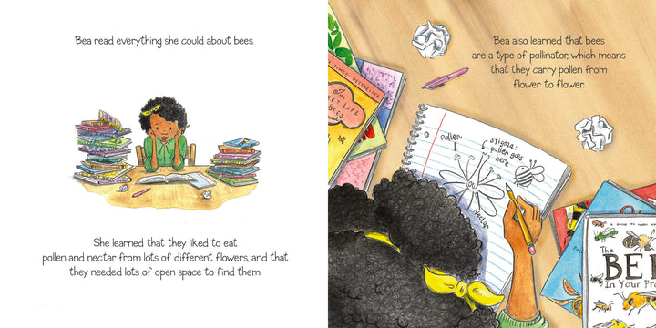 A young girl with curly hair reads "Bea's Bees" by Schiffer Publishing, Ltd., then sketches a bee and flowers in her notebook at a desk covered with supplies. Both pages highlight bumblebee facts and tips to help save the bees.