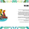 Illustration of two kids as adventurers on an island, one with binoculars, the other with a map, learning survival skills. Story text titled "How to Survive on a Desert Island" by Schiffer Publishing, Ltd. is framed by a colorful leafy border.