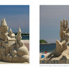 Two sand sculpture photos. Left: An elaborate sandcastle with towers and bubbles. Right: An artist shapes a large hand on the beach with ocean behind—perfect for any New Hampshire collection from Schiffer Publishing, Ltd.