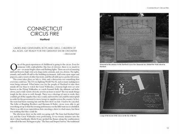 On the left, "Unsolved New England" by Schiffer Publishing, Ltd. explores the Connecticut Circus Fire mystery; on the right, two photos show Hartford memorial plaques honoring missing persons and victims with engravings.