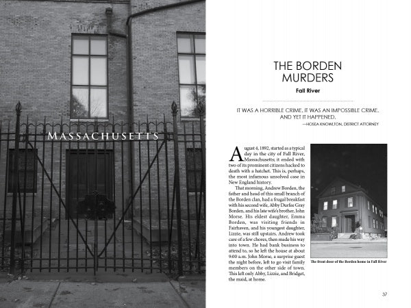 A black-and-white two-page spread from "Unsolved New England" by Schiffer Publishing, Ltd.: the left page shows a brick building with "MASSACHUSETTS," while the right highlights THE BORDEN MURDERS, a notorious unsolved mystery.