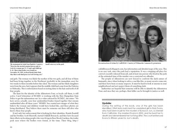 Unsolved New England by Schiffer Publishing, Ltd. features a two-page spread with a stone monument photo, tree-lined path, and reconstructed women’s faces, exploring an infamous murder case and updates on New England’s unsolved mysteries.