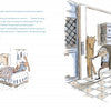 An illustration from “The Wolf Will Not Come” by Schiffer Publishing, Ltd.: on the left, a nervous rabbit lies in bed; on the right, an old wolf sneaks into an apartment as a resident unknowingly holds the door, reflecting nighttime fears.