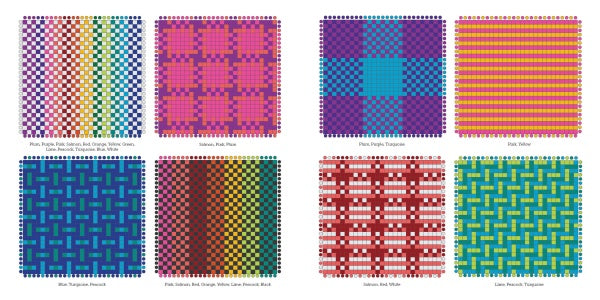 Potholder Loom Designs by Schiffer Publishing, Ltd. features an array of vibrant squares, each displaying unique weaving patterns made on a classic potholder loom.