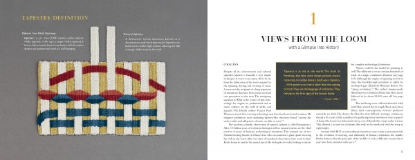 A woven textile sample with white, blue, red, and yellow threads appears next to text defining tapestry. On the right is Schiffer Publishing's "Anatomy of a Tapestry" book spread with an introduction and pull quote.