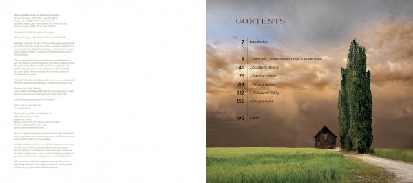 Two-page spread: left page shows small-font text; right displays Oregon’s table of contents over a fine-art photo—dirt path, tall tree, small house, green fields, cloudy sky. From Schiffer Publishing, Ltd.’s Oregon.