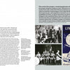 A two-page spread in The Blues by Schiffer Publishing, Ltd. explores early jazz history with black-and-white jazz band photos, a Columbia record, and Livery Stable Blues sheet music, all set against blue and white design elements.