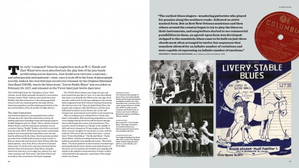 A two-page spread in The Blues by Schiffer Publishing, Ltd. explores early jazz history with black-and-white jazz band photos, a Columbia record, and Livery Stable Blues sheet music, all set against blue and white design elements.