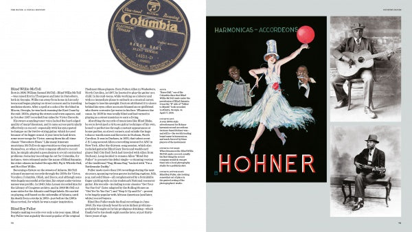 A magazine spread for Schiffer Publishing, Ltd.'s "The Blues" shows text, an old Columbia record, a vintage Hohner harmonica ad with blues musicians and a dancer, plus B&W photos of three famous blues guitarists.