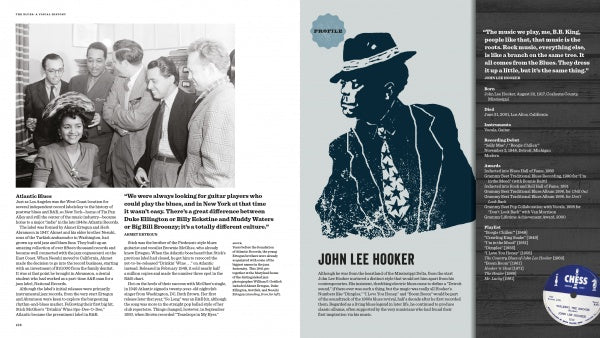 A magazine spread from Schiffer Publishing, Ltd.'s "The Blues" features a black-and-white crowd scene and an illustrated blue portrait of blues legend John Lee Hooker, complete with text and profile details about him.