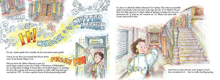 A cheerful, illustrated boy welcomes readers to The Mütter Museum by Schiffer Publishing, Ltd., guiding them inside for a lively Philadelphia tour filled with playful text and whimsical illustrations of the museum’s scenes.