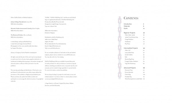 The opening pages of *Macrame Couture* by Schiffer Publishing, Ltd. feature copyright and publishing details on the left, while the right page presents a table of contents outlining sections such as Introduction, Materials, Macramé Garment Embellishments, Macramé Accessories, Projects, and more—with corresponding page numbers. This arrangement provides readers with a clear introduction to the world of contemporary macramé fashion in an expertly organized guide.