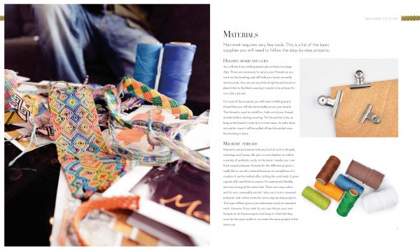 Colorful embroidery floss, scissors, and woven bands lie on a table beside a page from *Macrame Couture* by Schiffer Publishing, Ltd.; the book displays a materials list with photos of spools, threads, clips, and fabric for macramé projects—providing everything needed to create contemporary macramé fashion and unique garment embellishments.