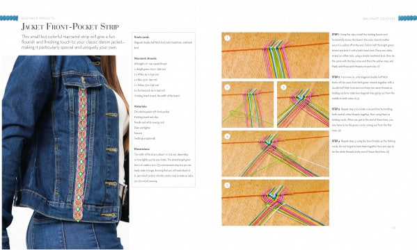 A woman sports a denim jacket featuring a vibrant braided strip on the front pocket—a creative detail inspired by contemporary macramé fashion highlighted in Macrame Couture from Schiffer Publishing, Ltd.; step-by-step images on the right demonstrate how to braid and stitch the strip onto your own jacket for one-of-a-kind macramé embellishments.
