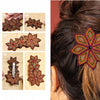 Step-by-step images from *Macrame Couture* by Schiffer Publishing, Ltd. demonstrate how to craft a leaf-shaped hair barrette using thread, incorporating techniques inspired by contemporary macramé fashion. The finished accessory is styled in a woman’s hair, showcasing intricate, multicolored embroidered leaves with a jeweled center—a stunning example of modern macramé accessories.