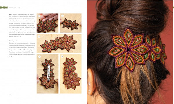 Step-by-step images from *Macrame Couture* by Schiffer Publishing, Ltd. demonstrate how to craft a leaf-shaped hair barrette using thread, incorporating techniques inspired by contemporary macramé fashion. The finished accessory is styled in a woman’s hair, showcasing intricate, multicolored embroidered leaves with a jeweled center—a stunning example of modern macramé accessories.