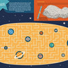 Illustration of a comet-shaped maze with planets inside, set against a starry space background, from The Solar System by Schiffer Publishing, Ltd. Features boxes that explain comets and challenge problem-solving in "Treacherous Terrain.