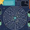 Infographic from Schiffer Publishing, Ltd.'s The Solar System featuring a large Earth-centered space maze, satellites, stars, and info boxes about satellite missions and communication for enhanced problem-solving skills.