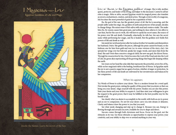 Colorful illustration of the Egyptian goddess Isis, wings outstretched and seated on a throne, highlights her mythological role and the sacred feminine in the Dark Goddess Tarot by Schiffer Publishing, Ltd.