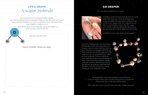 Two pages from Snowflake Science by Schiffer Publishing, Ltd.: one helps kids draw a water molecule, and the other covers a clay model activity plus hydrogen bonding—ideal for snowflake experiments and exploring how ice crystals form.