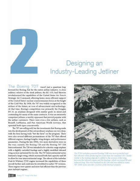 A large blue number 2 appears next to the title “Designing an Industry-Leading Jetliner.” Below, text discusses the Boeing 727’s influence on jetliner design and features a black-and-white photo of a Boeing 727 flying over snowy mountains. Published by Schiffer Publishing, Ltd.