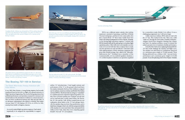 A two-page magazine spread by Schiffer Publishing, Ltd. features photos of the Boeing 727’s cabins and cargo areas, plus text blocks detailing the aircraft’s service and history in aviation.