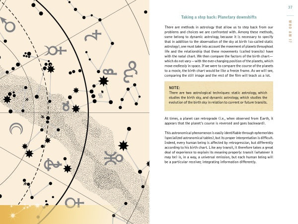 A two-page spread from "Astrotherapy" by Schiffer Publishing, Ltd. shows a star map with planet symbols on the left and text on planetary downshifts’ impact on personal development on the right, plus a yellow “NOTE” box highlighting a key point.