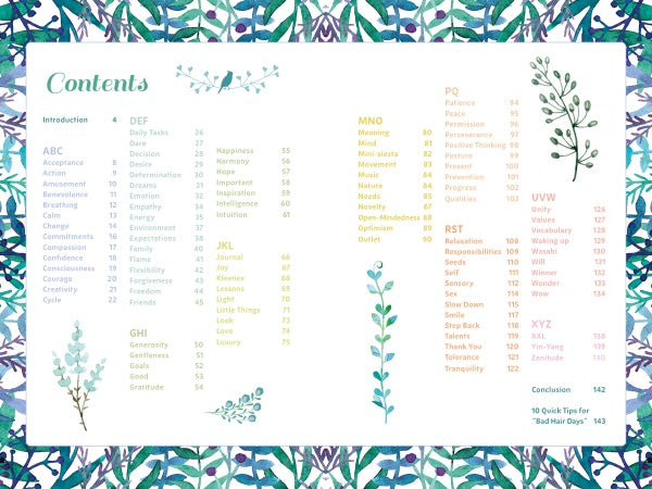An illustrated table of contents with floral borders lists topics A–Z and page numbers for "100% Happiness" by Schiffer Publishing, Ltd.—ideal for guided journals on personal development, each section features relevant keywords.