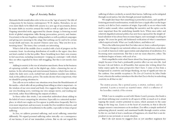 Two pages from "The Original Frontier" by Schiffer Publishing, Ltd. feature a chapter on anxiety in modern times, referencing Masuda Reiji and Zen philosophy, with tips for daily Zen practice. Clean layout with black serif font.