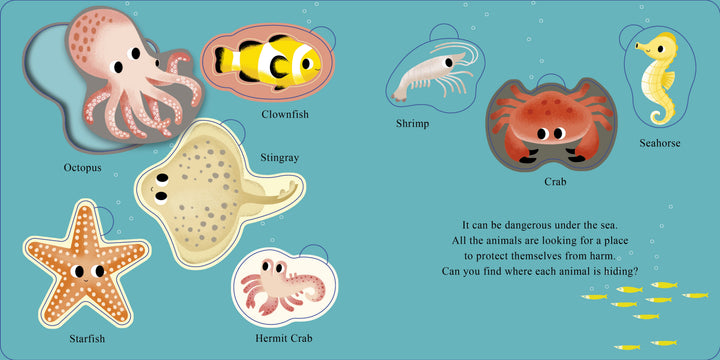 “Who Is Hiding in the Sea?” by Schiffer Publishing, Ltd. features adorable sea creatures—octopus, clownfish, stingray, shrimp, crab, seahorse, starfish, and hermit crab—illustrated with cartoon eyes in a fun, interactive board book.