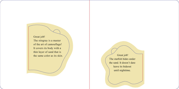 Two beige, wavy-edged text boxes on white: the left describes a camouflaging stingray, and the right explains a starfish hiding under sand, from Who Is Hiding in the Sea? by Schiffer Publishing, Ltd—an interactive board book about sea animals.