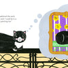 A black and white cat lounges on a balcony, imagining itself in "A Purr-fect Painting" from Schiffer Publishing, Ltd.—a vibrant, ornate artwork with yellow flowers. A thought bubble links the cat to the scene as text appears beside it.