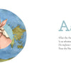 Illustration of an aardvark in a hat and binoculars inside a globe, with “Aa.” Allen the Aardvark explores the world in Schiffer Publishing, Ltd.’s Wild Animal ABC.
