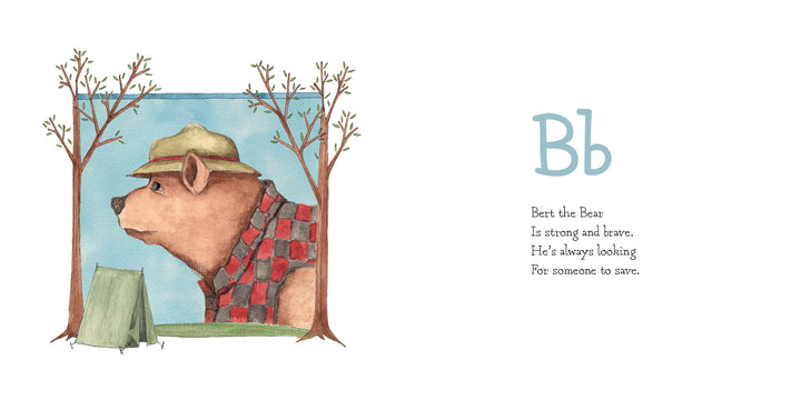 A bear in a hat and red plaid scarf stands by a green tent and the letter B, with a rhyme about Bert the Bear, who is strong and brave, from Wild Animal ABC by Schiffer Publishing, Ltd.