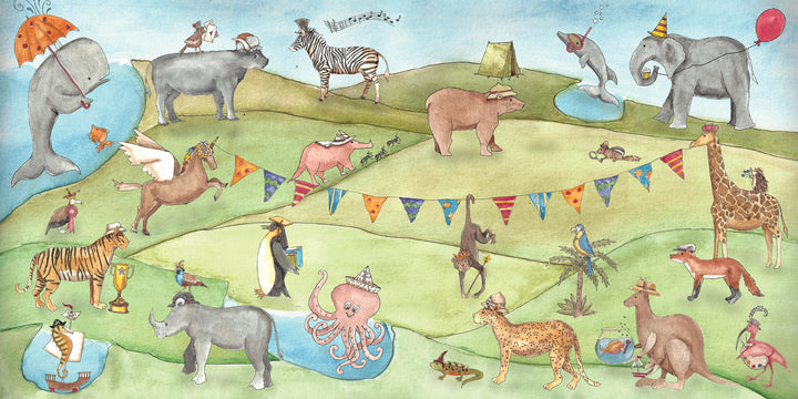 Wild Animal ABC by Schiffer Publishing, Ltd. features a hippo, zebra, elephant, and octopus in party hats with balloons and bunting—an ideal alphabet picture book scene for teaching kindness to kids.