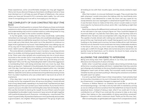 Two pages from Dancing with Riches by Schiffer Publishing, Ltd. feature dense two-column text, with headings like The Complexity of Our Constructed Self (The Ego) and Allowing the Universe to Intervene, focusing on energy transformation for life creation.